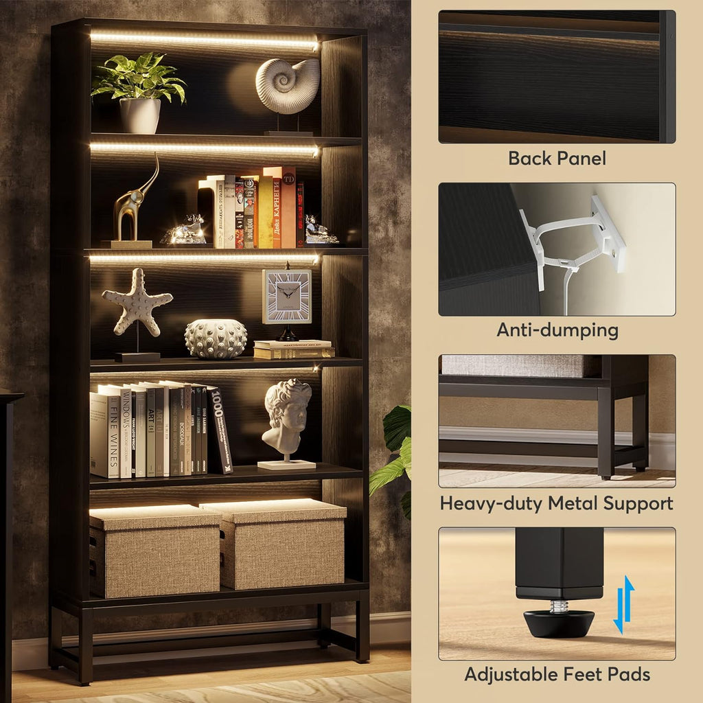 70.87" Black 5-Tier LED Library Bookshelf