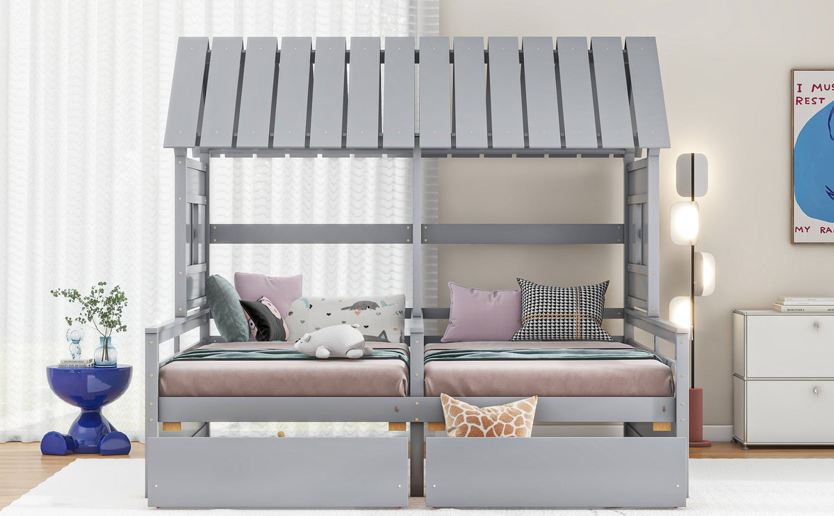 Twin Size House Platform Beds with Storage Drawers