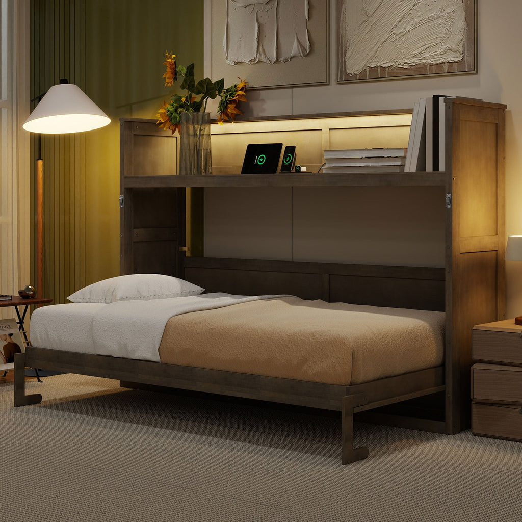 Twin XL Size Murphy Bed with Desk, LED Light and USB Charging Station
