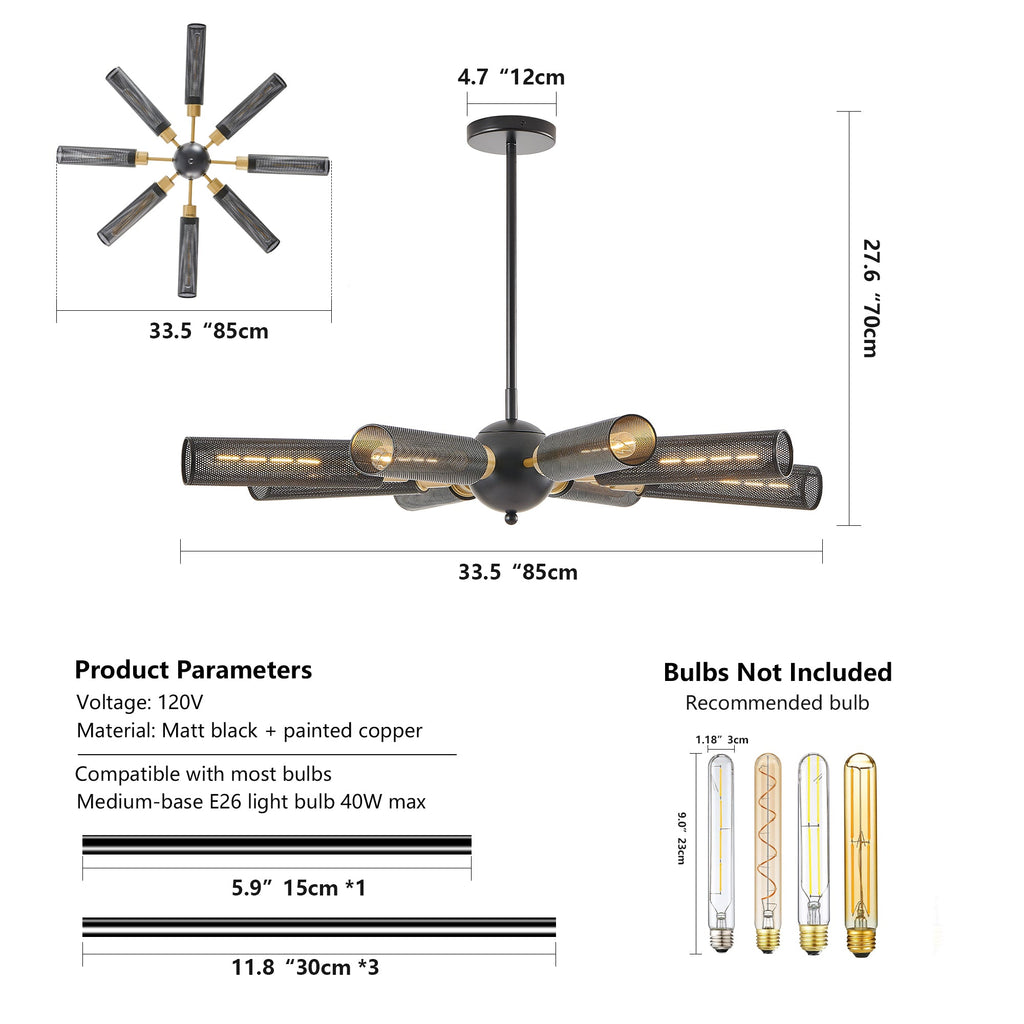 34" Modern Industrial Sputnik Chandelier, 8-Light