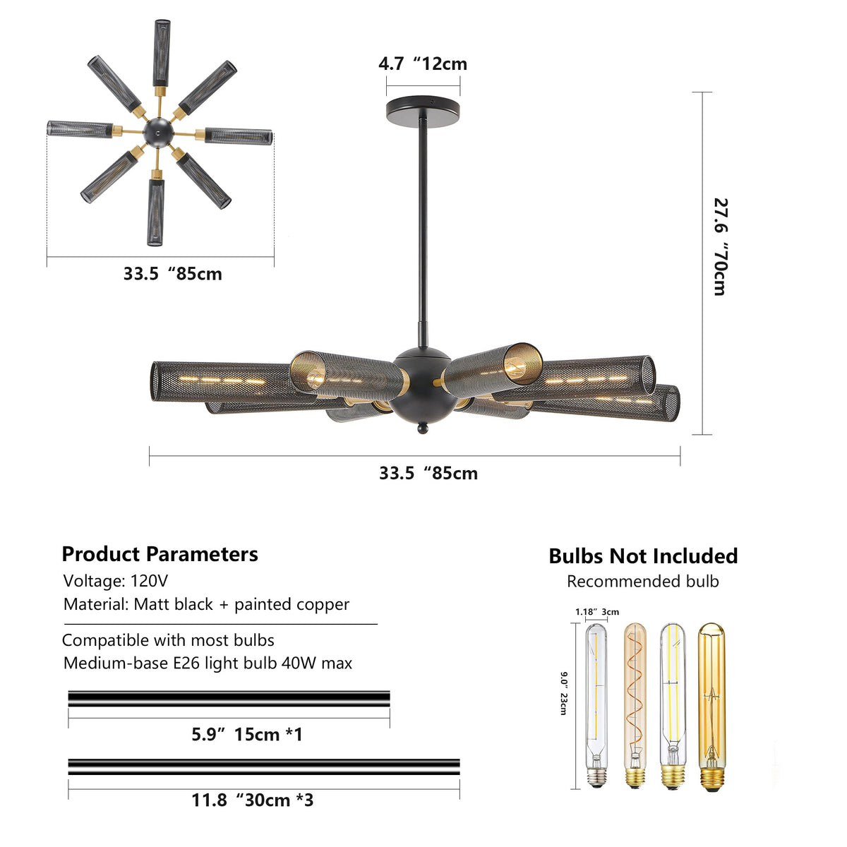 34" Modern Industrial Sputnik Chandelier, 8-Light