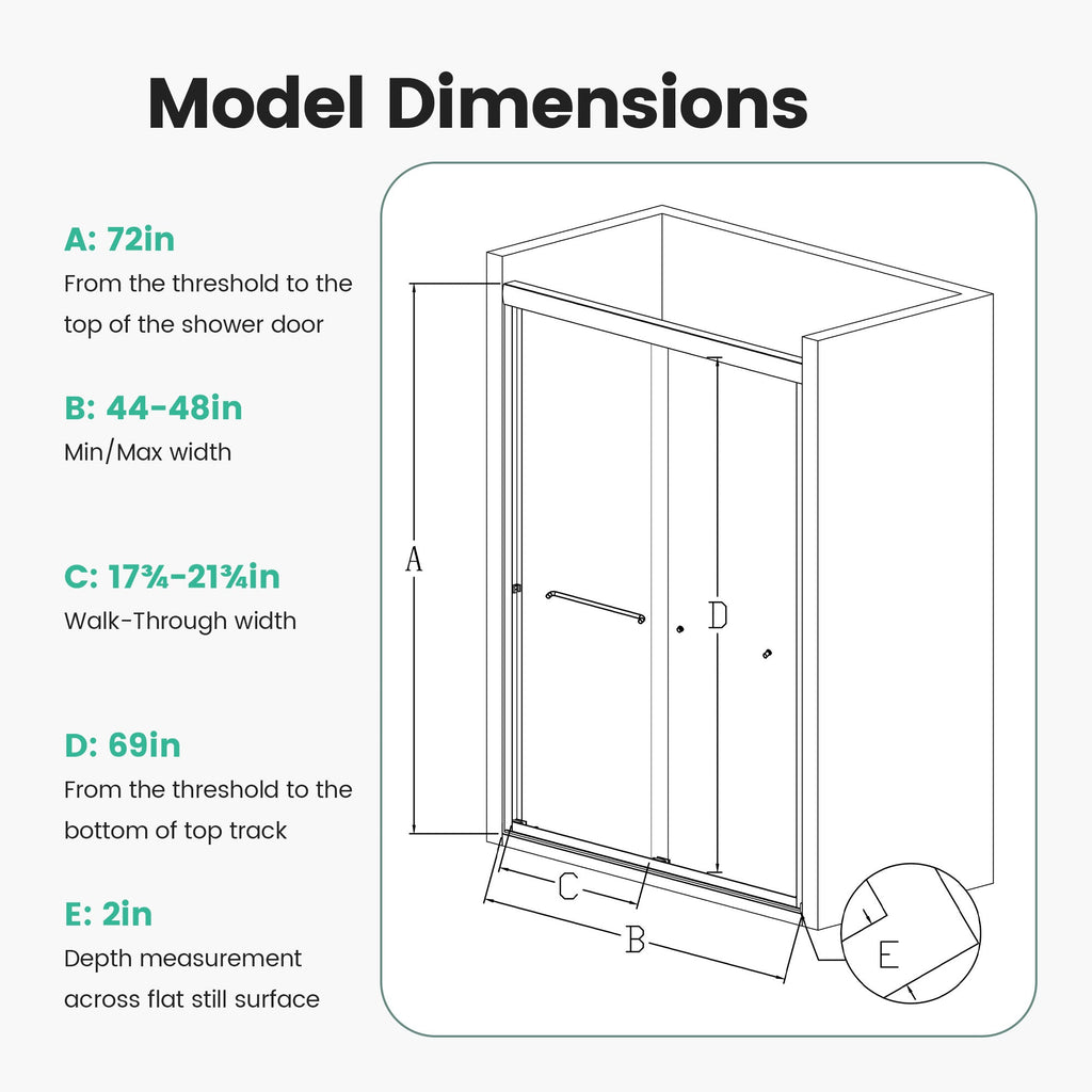 44"-48"W x 72"H Semi-Frameless Double Sliding Shower Door