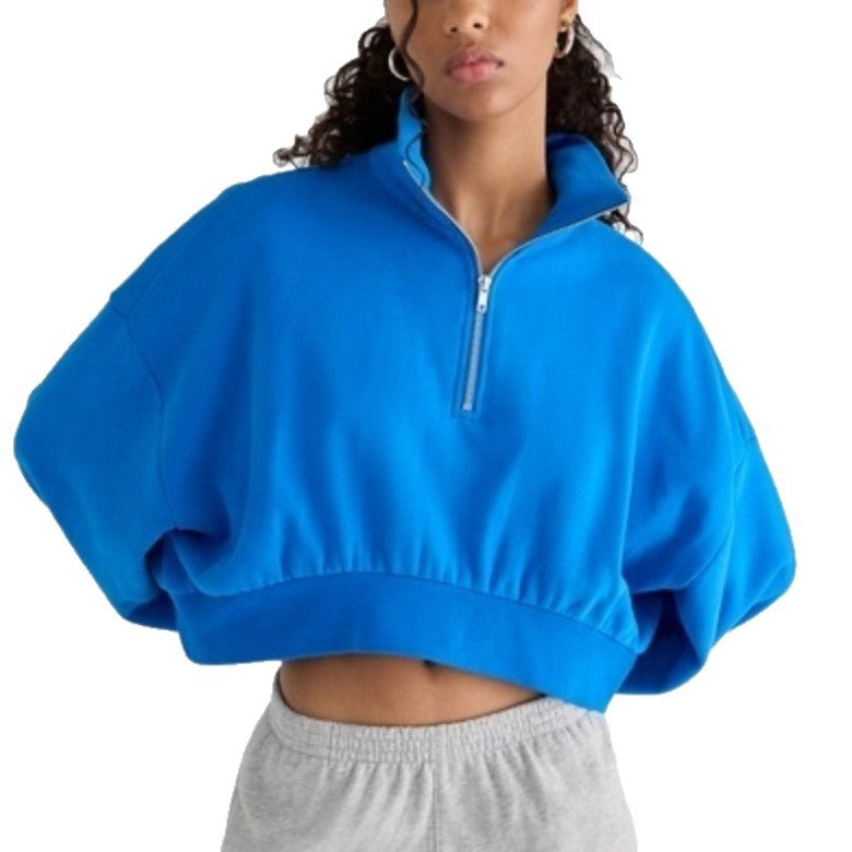 Women's Half-Zip Lapel Sweatshirt - Loose Fit Puff Sleeve Short Pullover Top Casual European Style