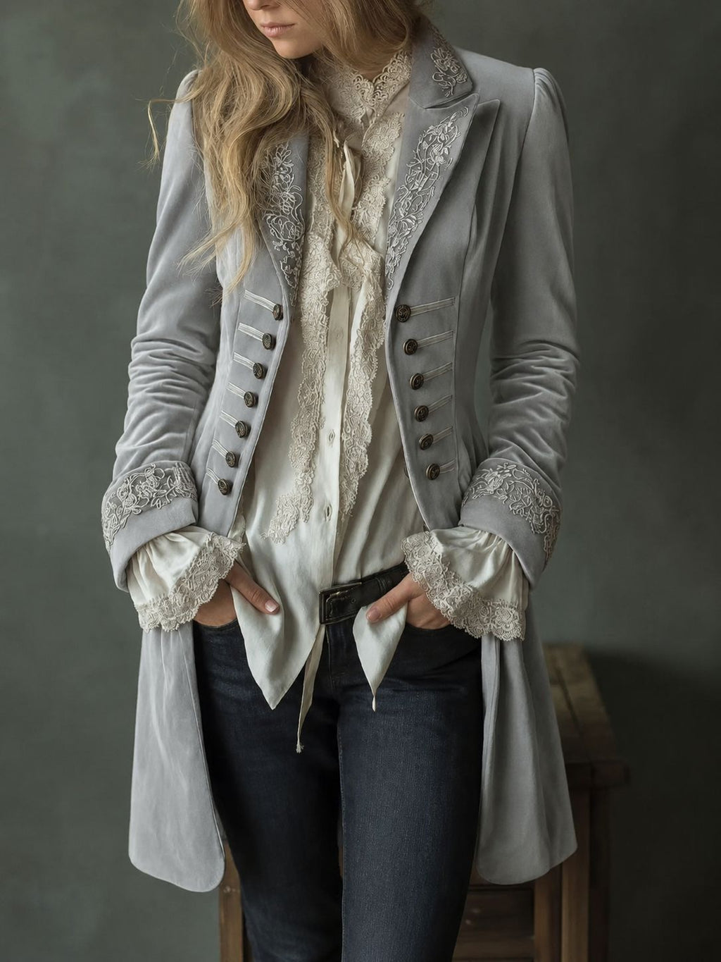 Womens Long-sleeve Solid-color Patchwork Lace Gold-velvet Coat