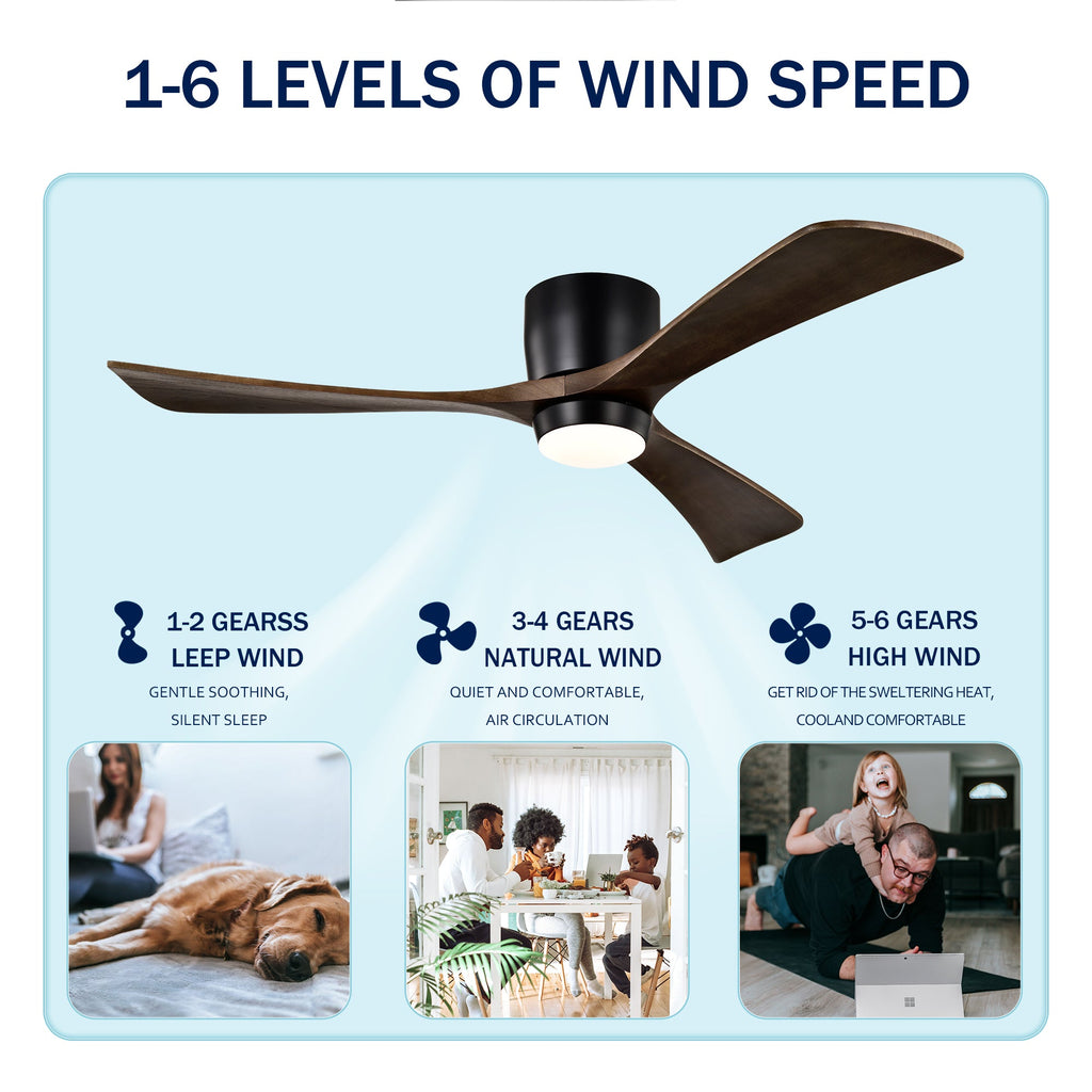 52" Flush Mount Solid Wood Blades Ceiling Fan with Lights