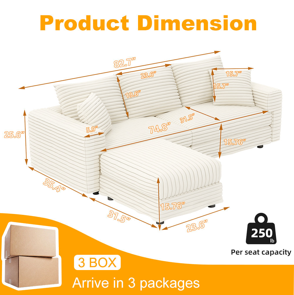 82.7" Plush Corduroy 3-Seat Sofa