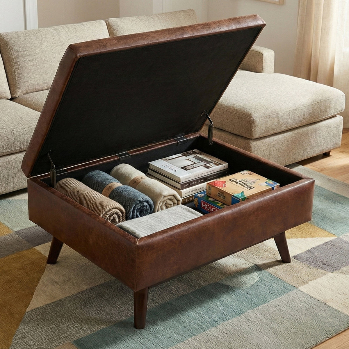 Owen 34 Inch Wide Coffee Table Storage Ottoman in Distressed Saddle