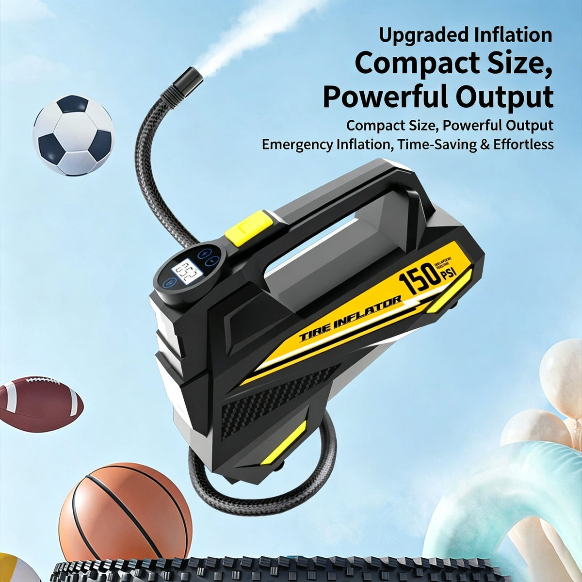 Portable Tire Inflator, 150PSI Car Air Compressor Pump Smart Digital Display With Auto Stop LED Lighting 12V Electric Tire Air Pump For Car Motorcycle Bicycle Tires And Balls