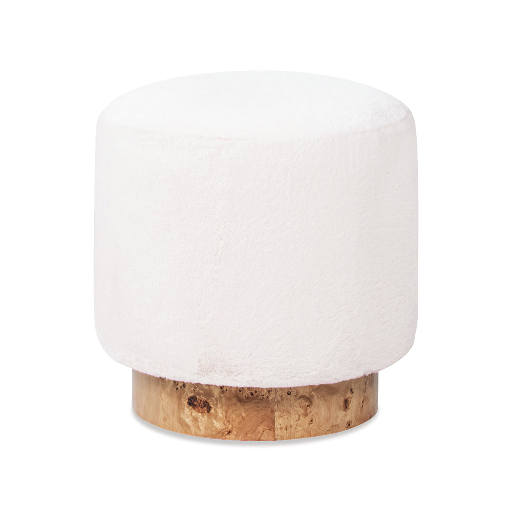 Tilly 16.5" Round Fur Upholstered & Burl Pouf Ottoman