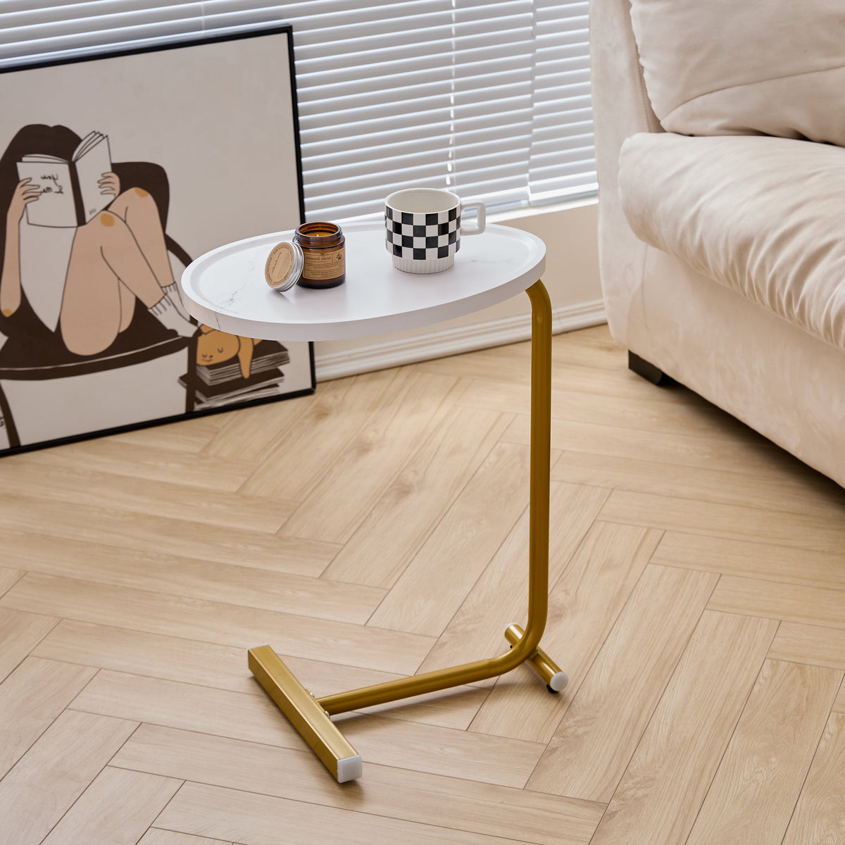White C-shaped Side Table for Living Room & Bedroom