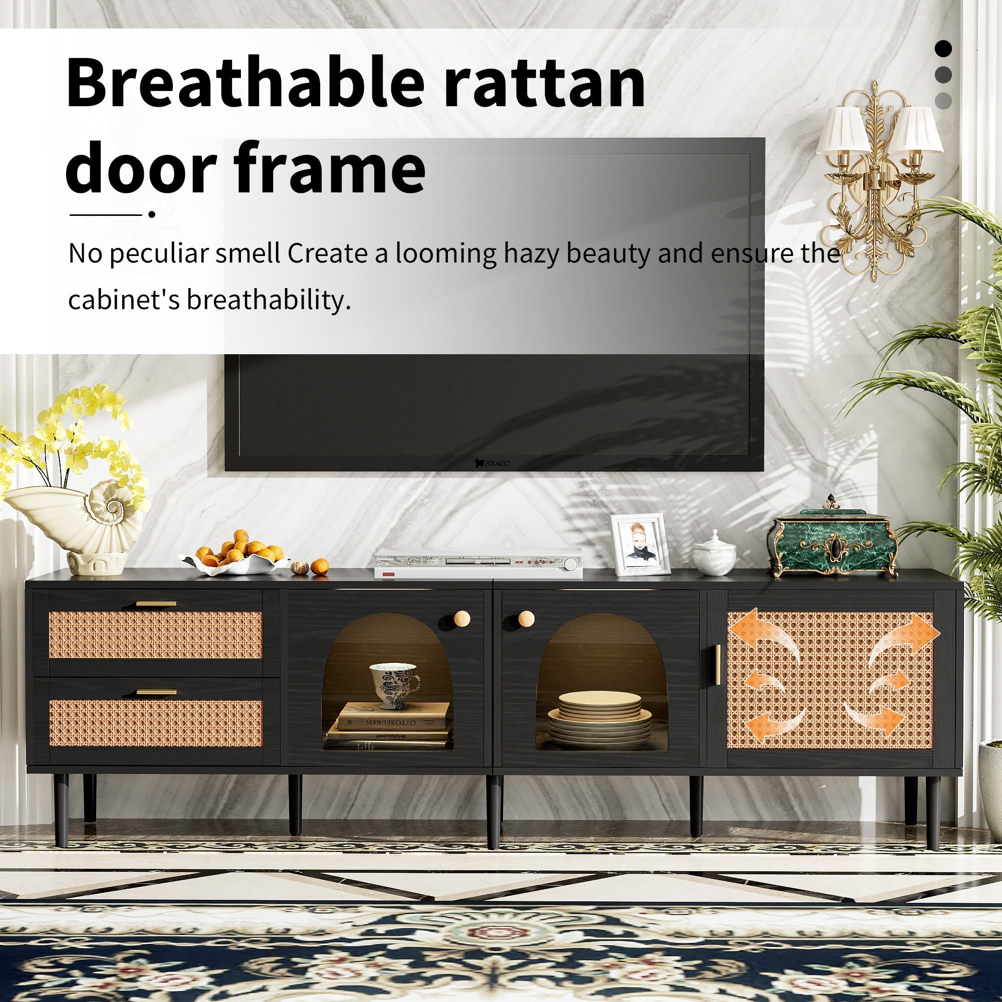 Rattan TV Stand with 3 Cabinets & 2 Drawers