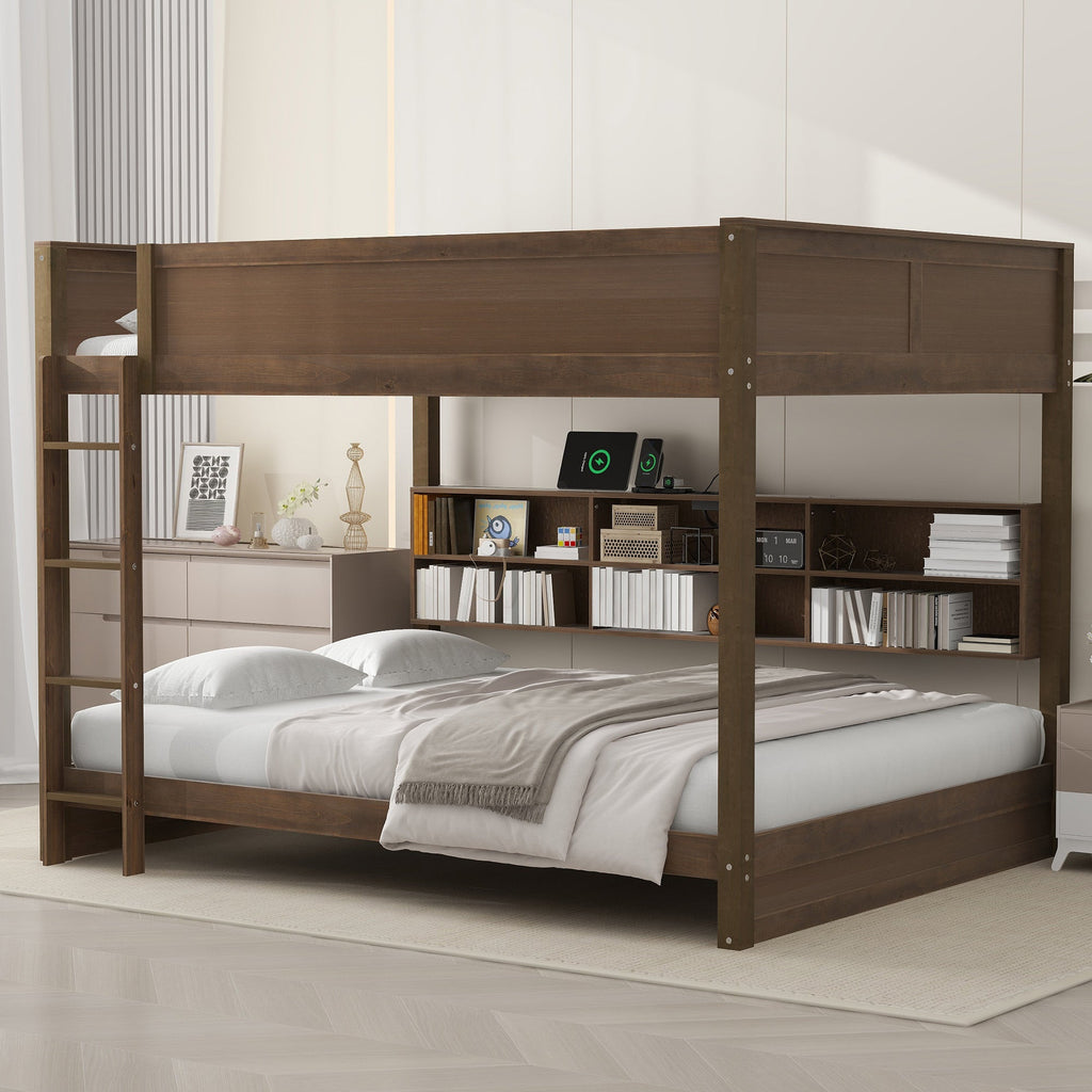 Queen over Queen Bunk Bed with Storage Cabinets and USB Ports