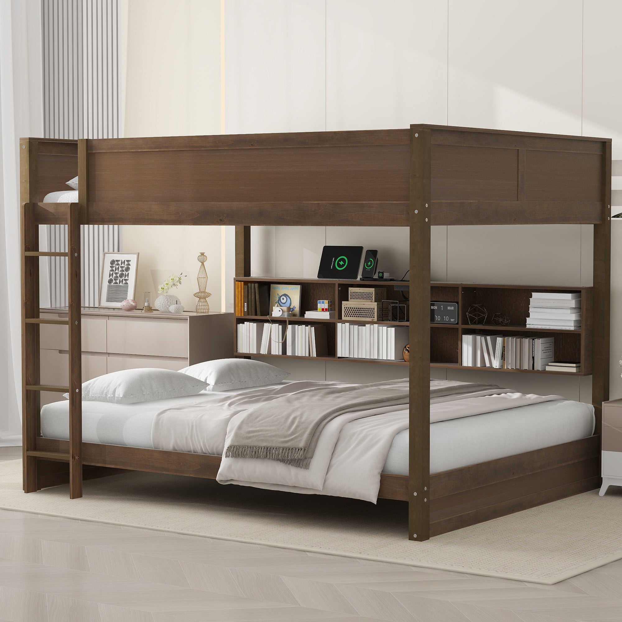 Queen over Queen Bunk Bed with Storage Cabinets and USB Ports