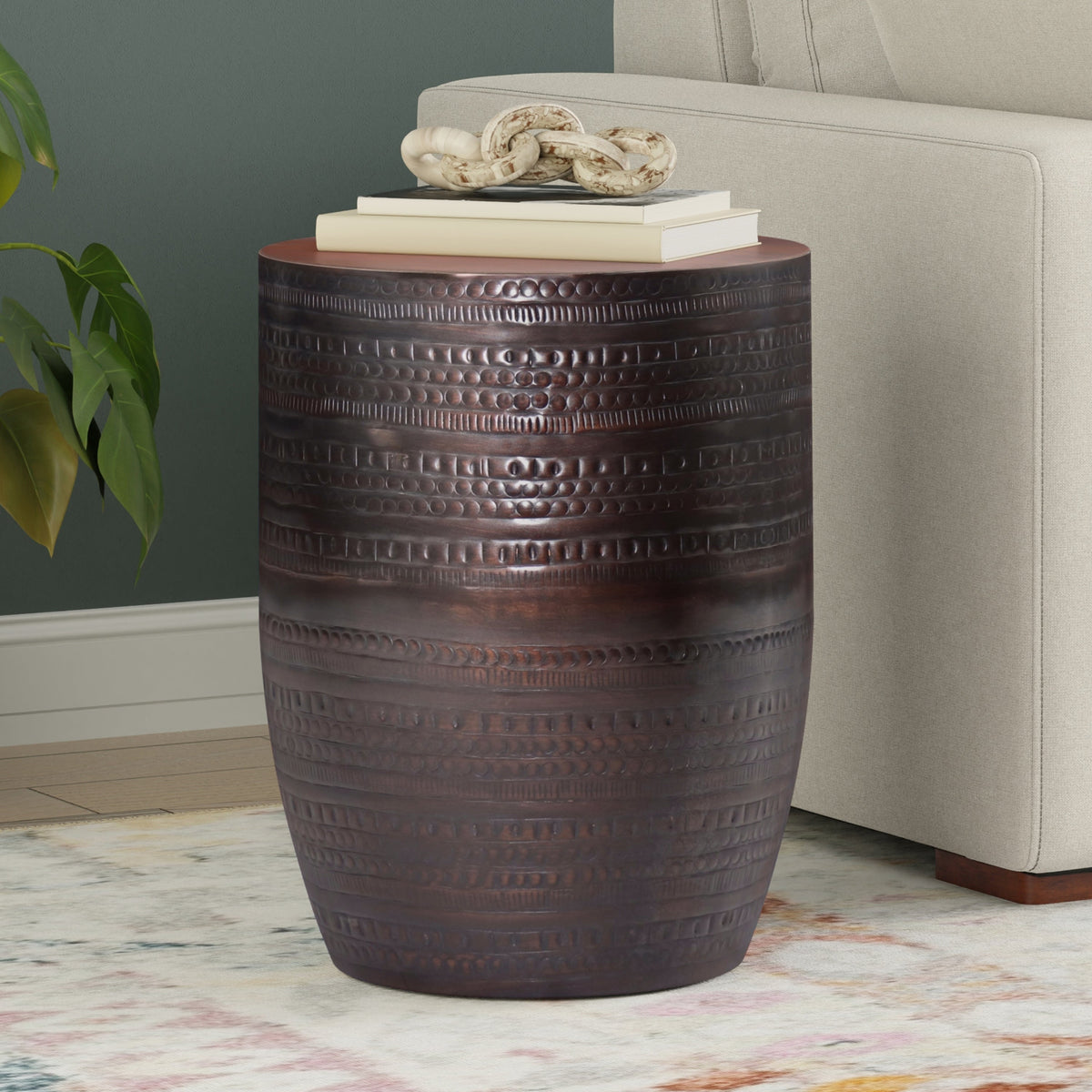 Johnsen 15 Inch Wide Tribal Pattern Metal Accent Table