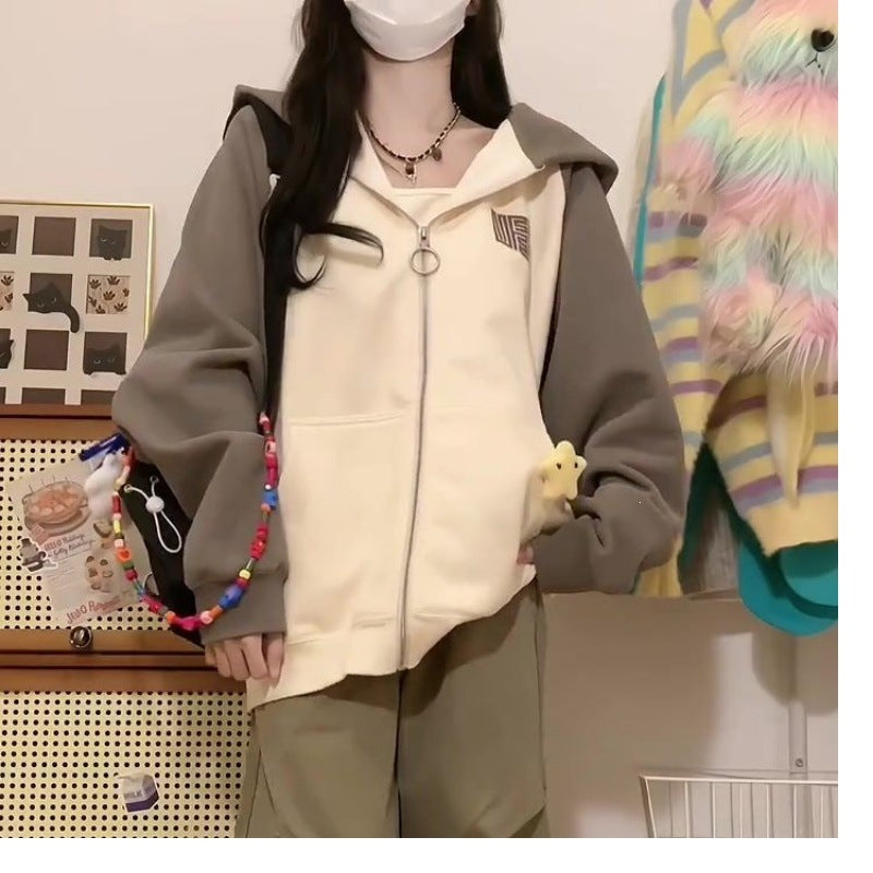 Womens Fleece-lined Thickened Hooded Sweatshirt Jacket