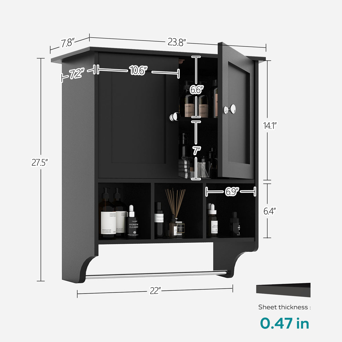 Premium Space Saving Wall Cabinet with 2 Doors in Black