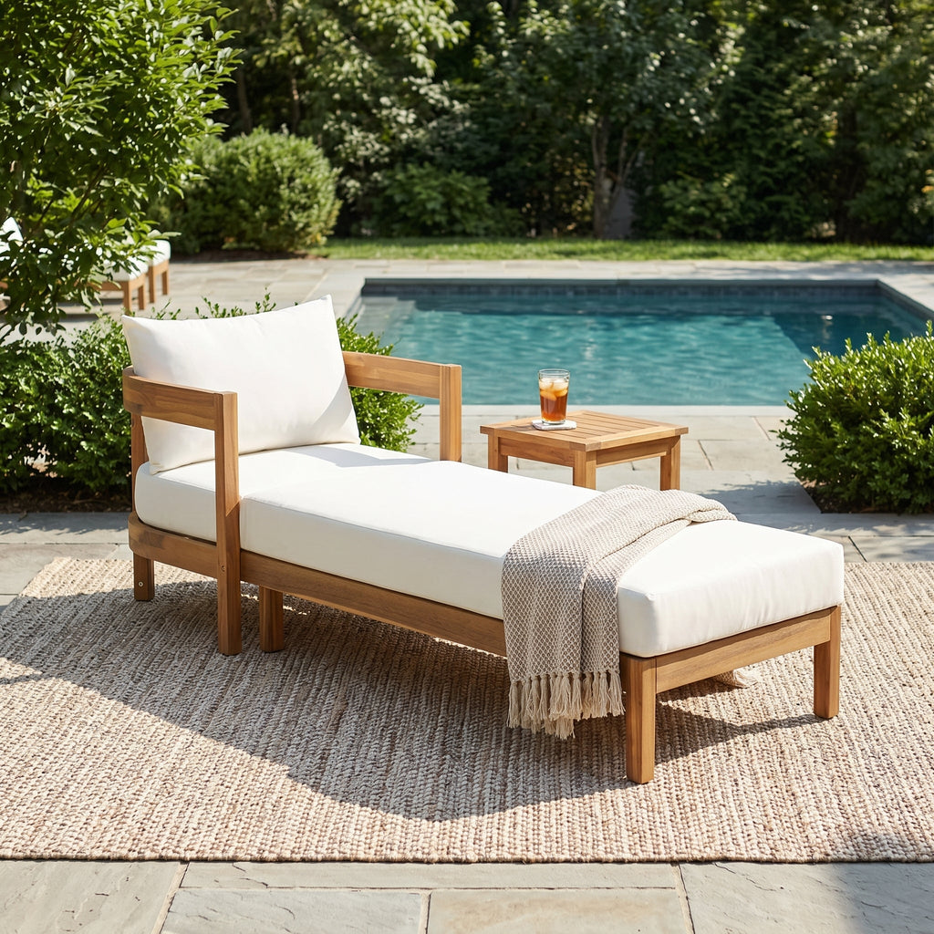 78" Acacia Wood Outdoor Chaise Lounge Chair with Curved Frame