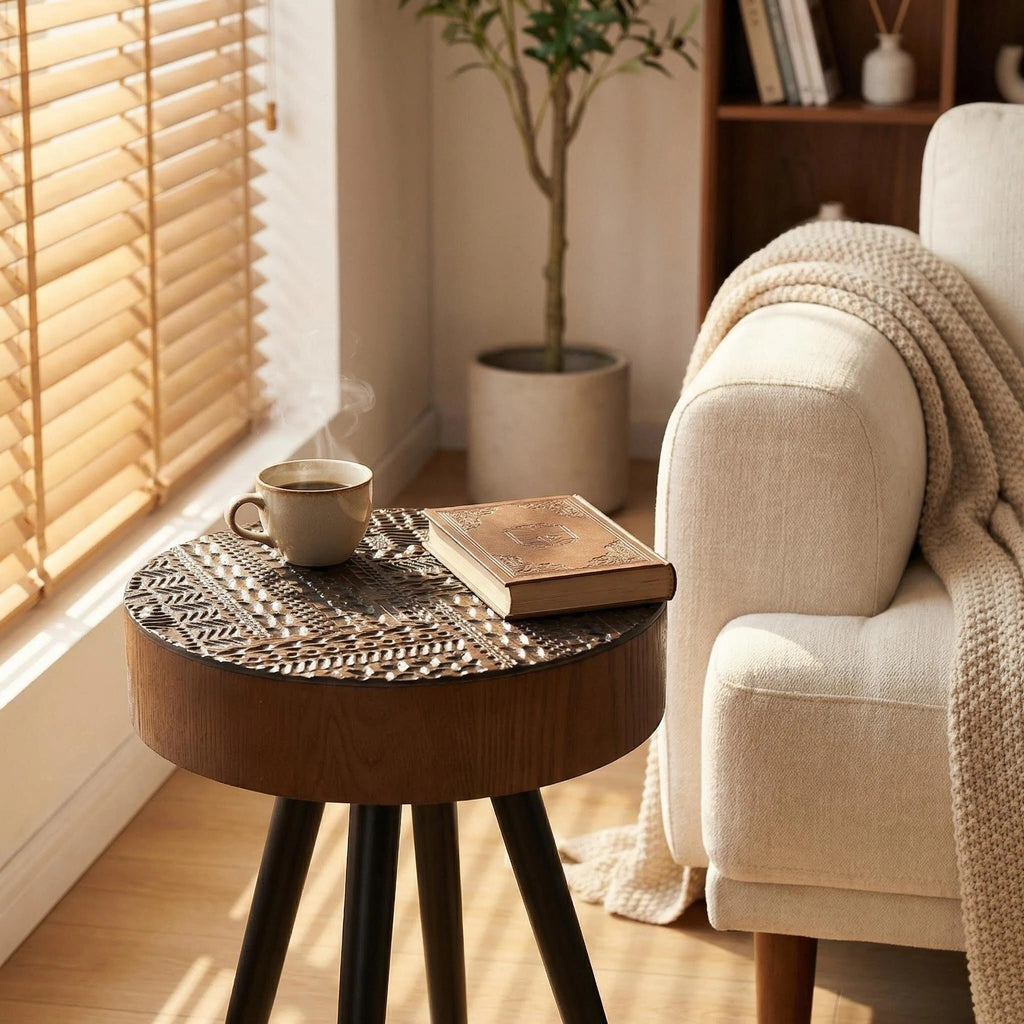 15.7" Round Small Drink Table with Solid Wood Legs