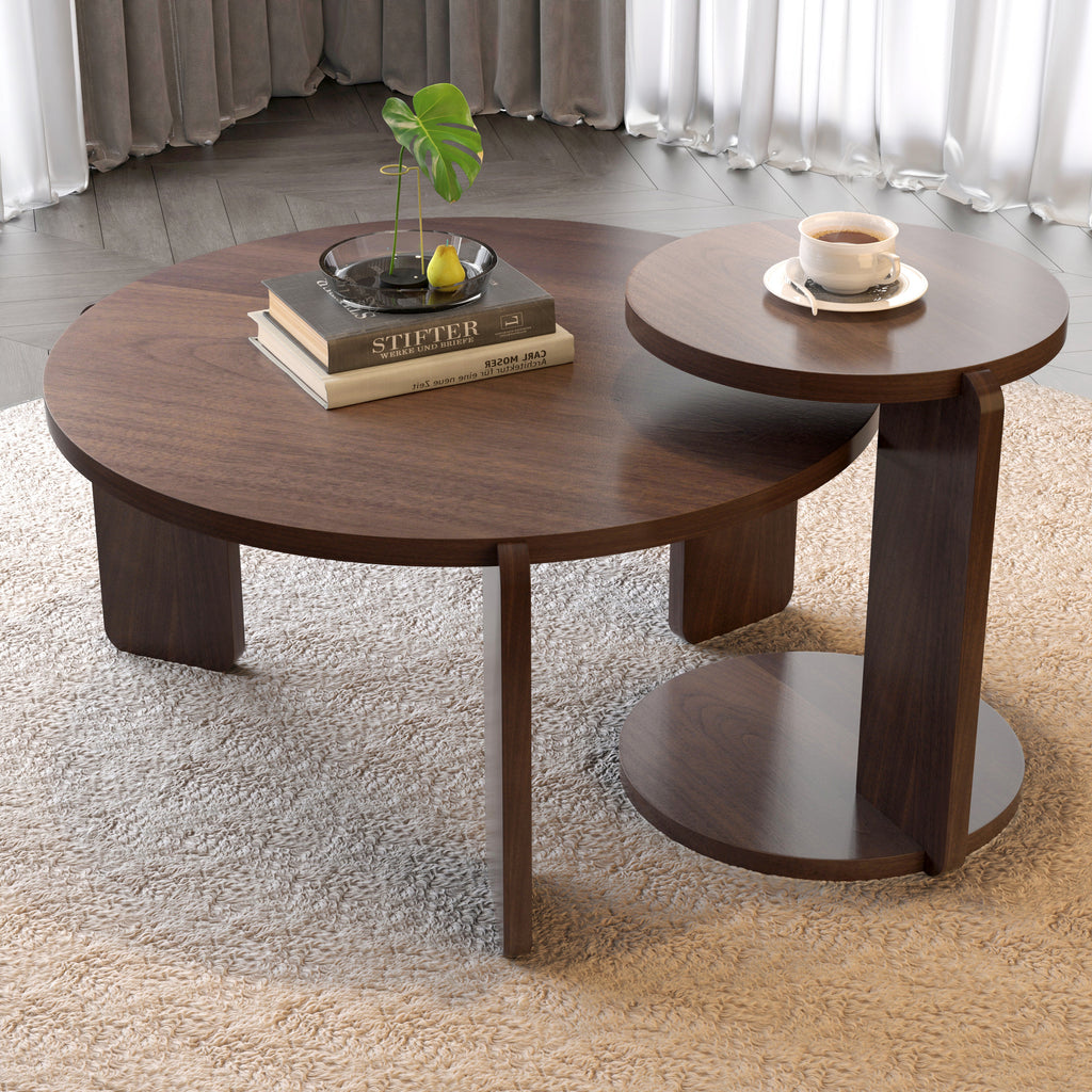 32.68 Inch Nesting Round Wood Coffee Table with End Table Set of 2