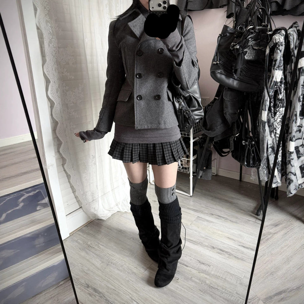 Womens Short Wool Coat Notched Lapel Double-breasted Jacket