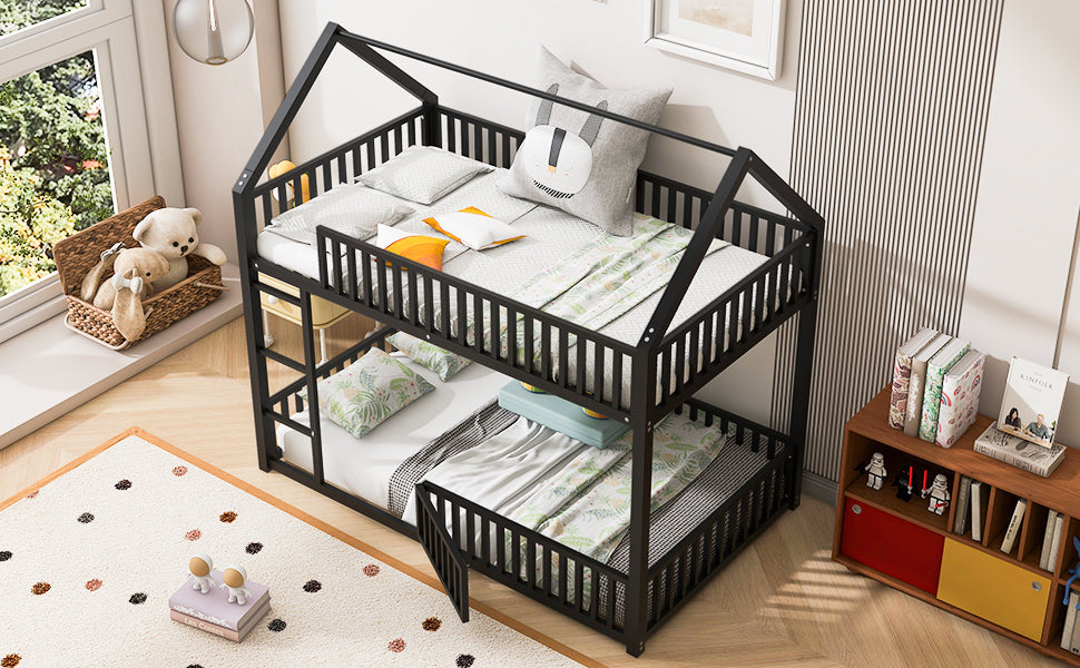 Metal Twin Over Twin House Bunk Bed With Fence And Door