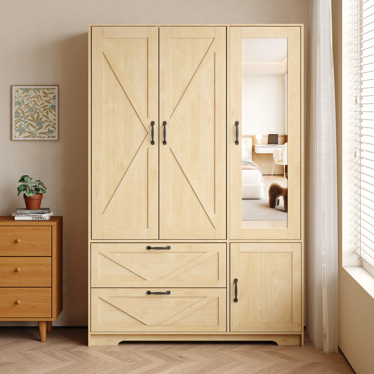 4 Doors Wardrobe Closet with Mirror, LED Wardrobe with Doors