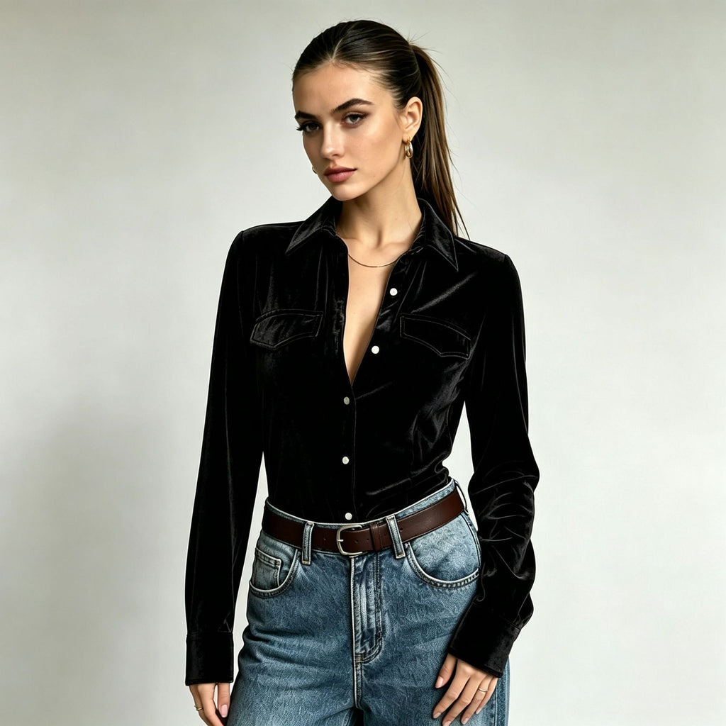 Autumn Holiday Pocket-Style Button-Up Shirt For Women Solid-Color Velvet Lapel Long-Sleeve Top