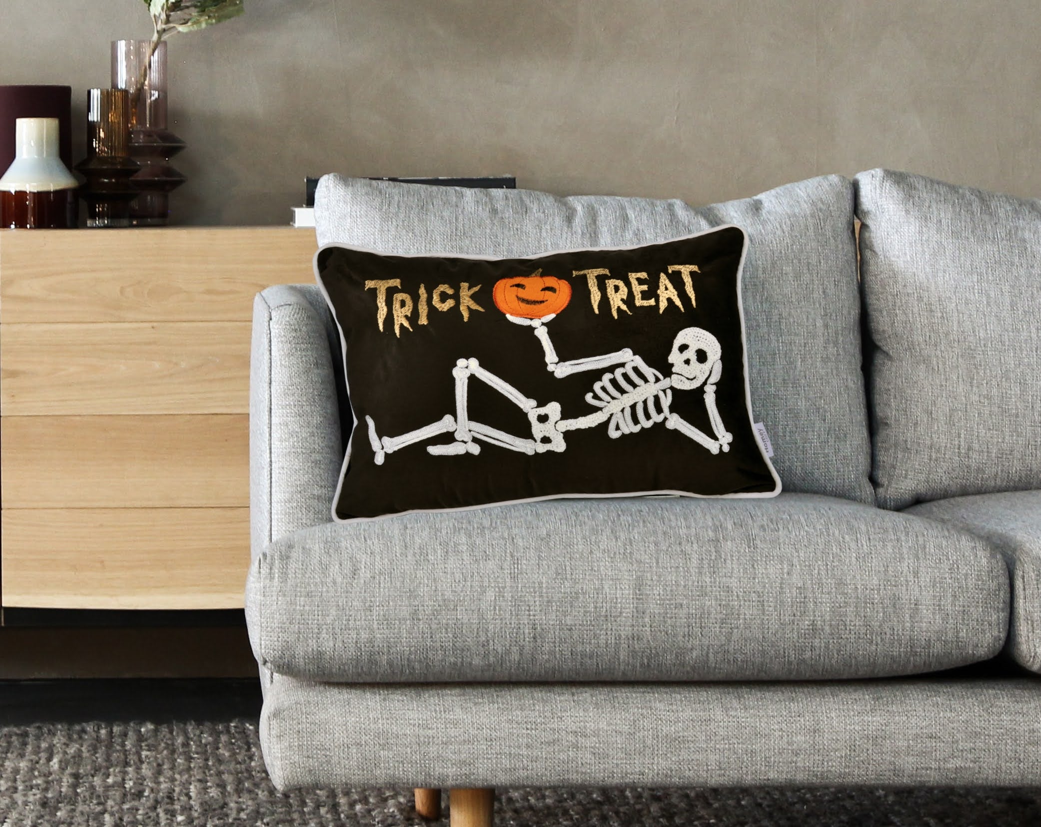 Trick or Treat Skeleton Velvet Throw Pillow