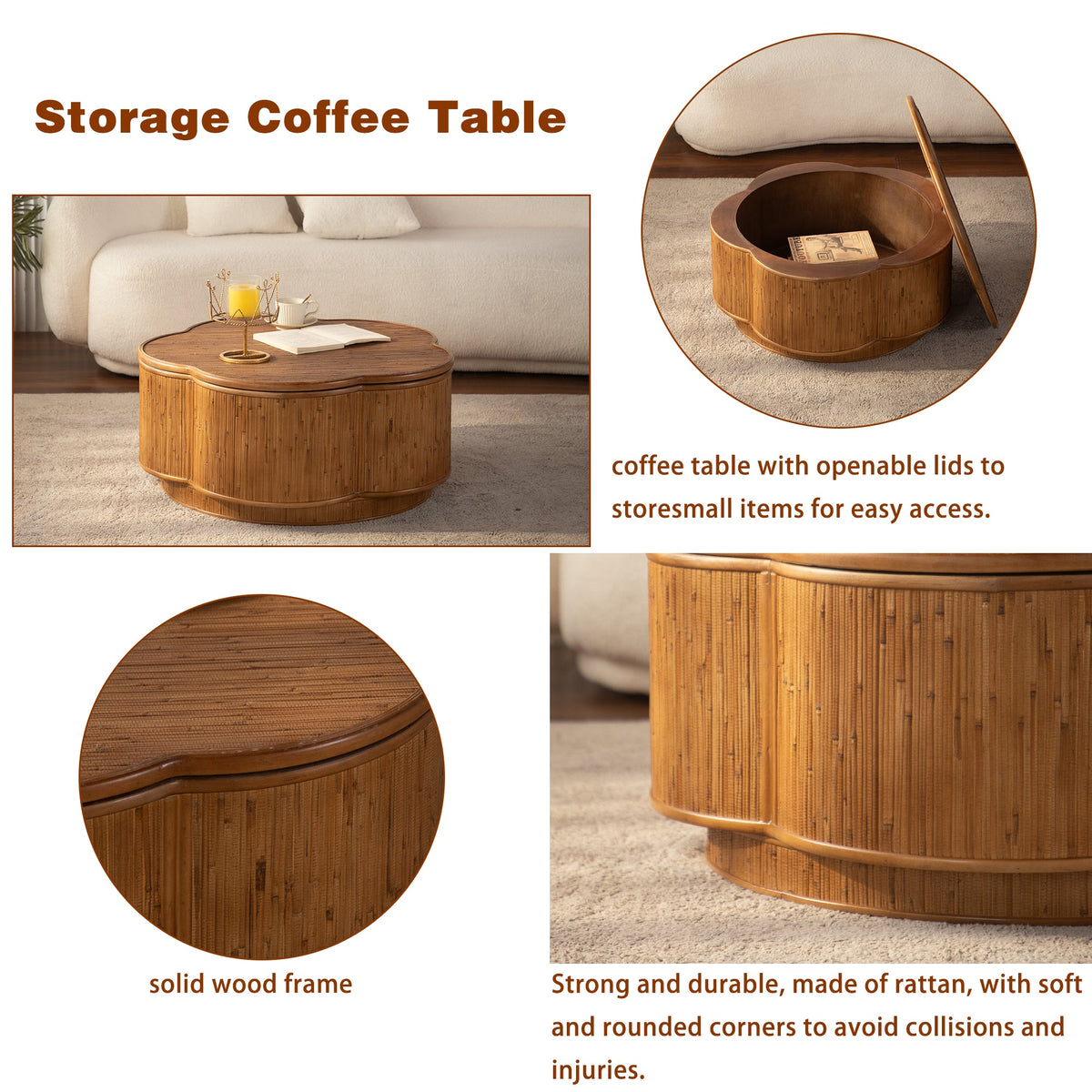 Flower-Shaped Rattan Coffee Table with Lift-Off Lid Storage