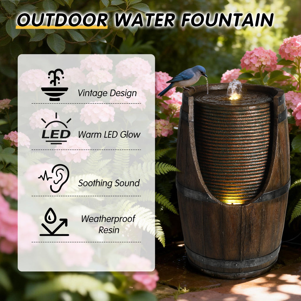 Outdoor Barrel Water Fountain with Lights