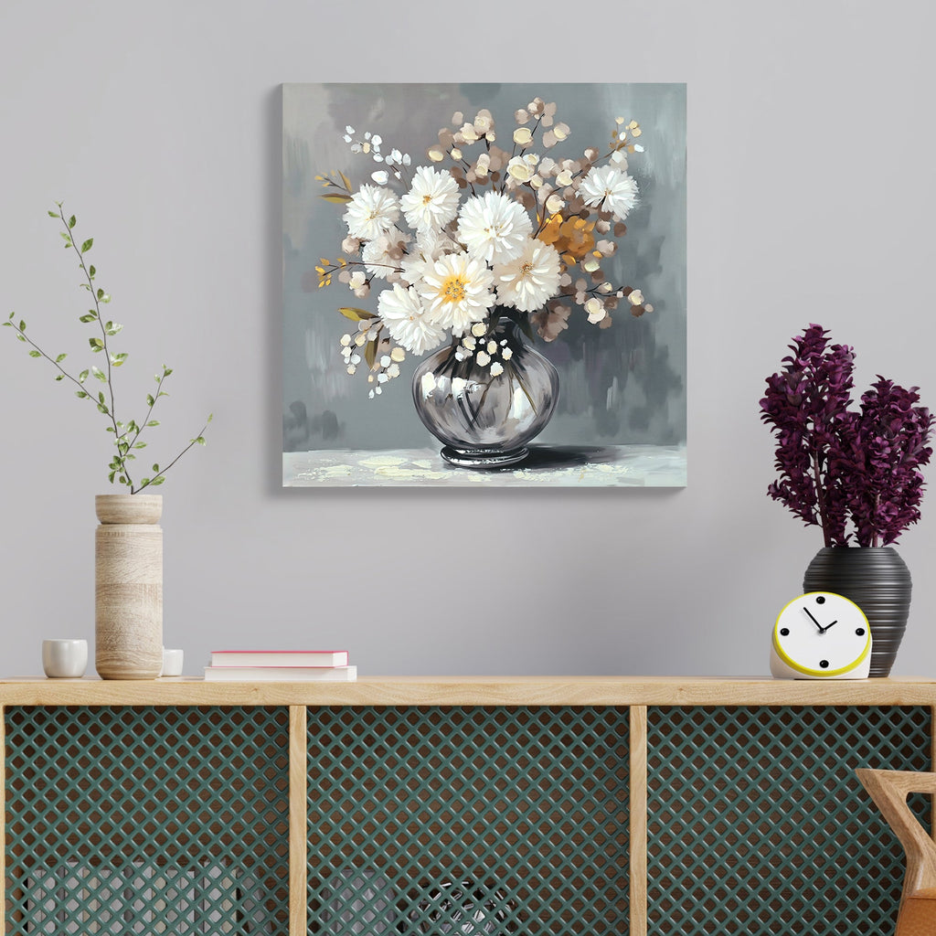 White Chrysanthemum Glass Vase Canvas Wall Art