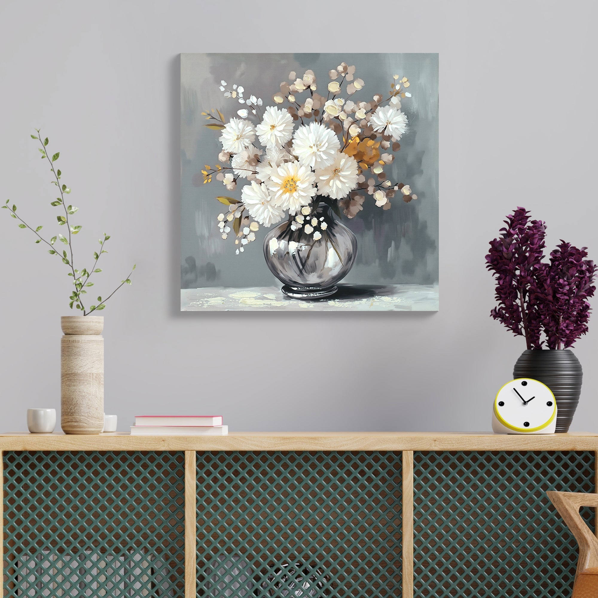 White Chrysanthemum Glass Vase Canvas Wall Art