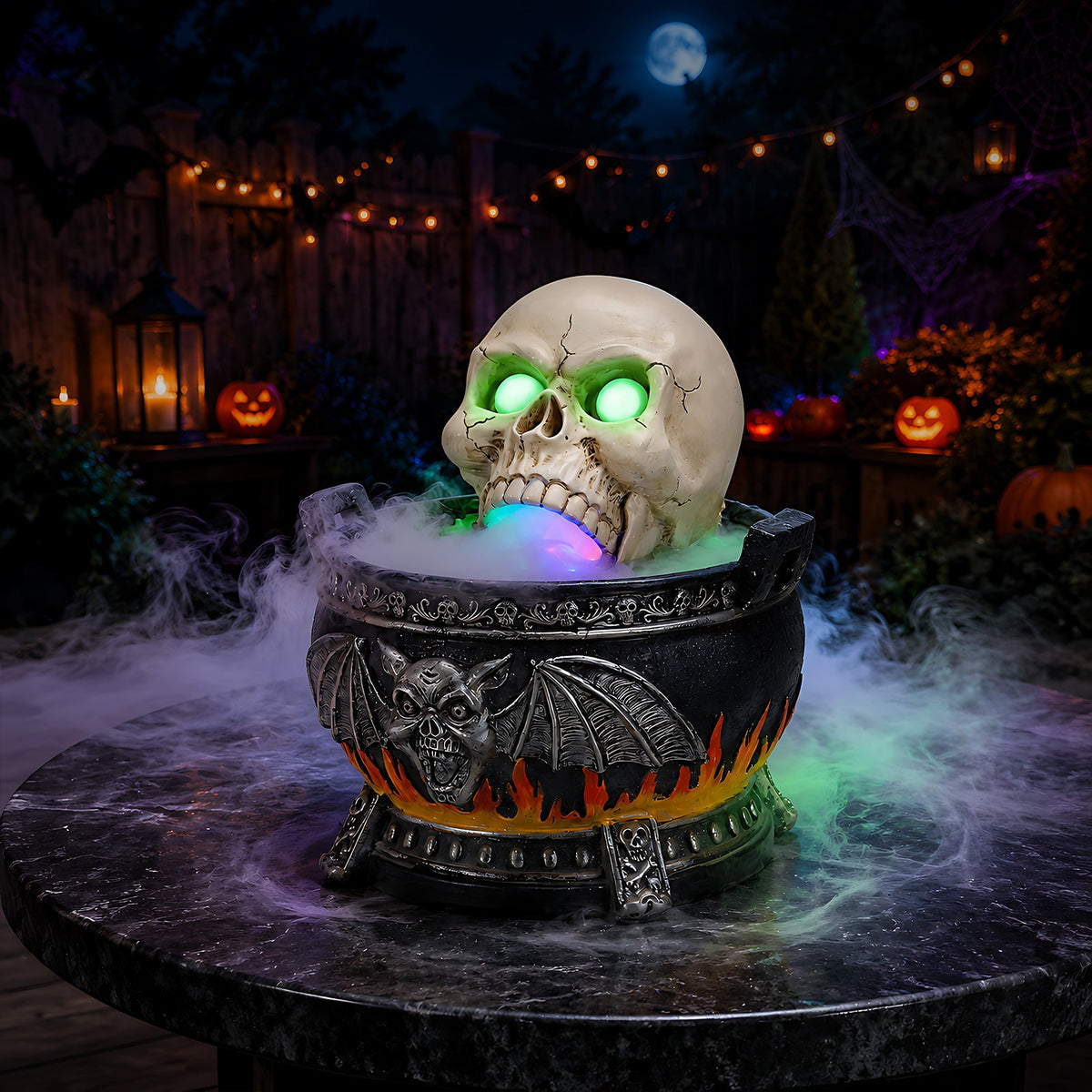 Halloween Skull Cauldron Statue with LED Light