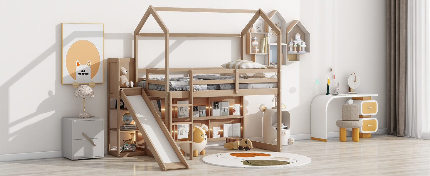 Twin Size Wood House Loft Bed with Slide, Storage Shelves and Light