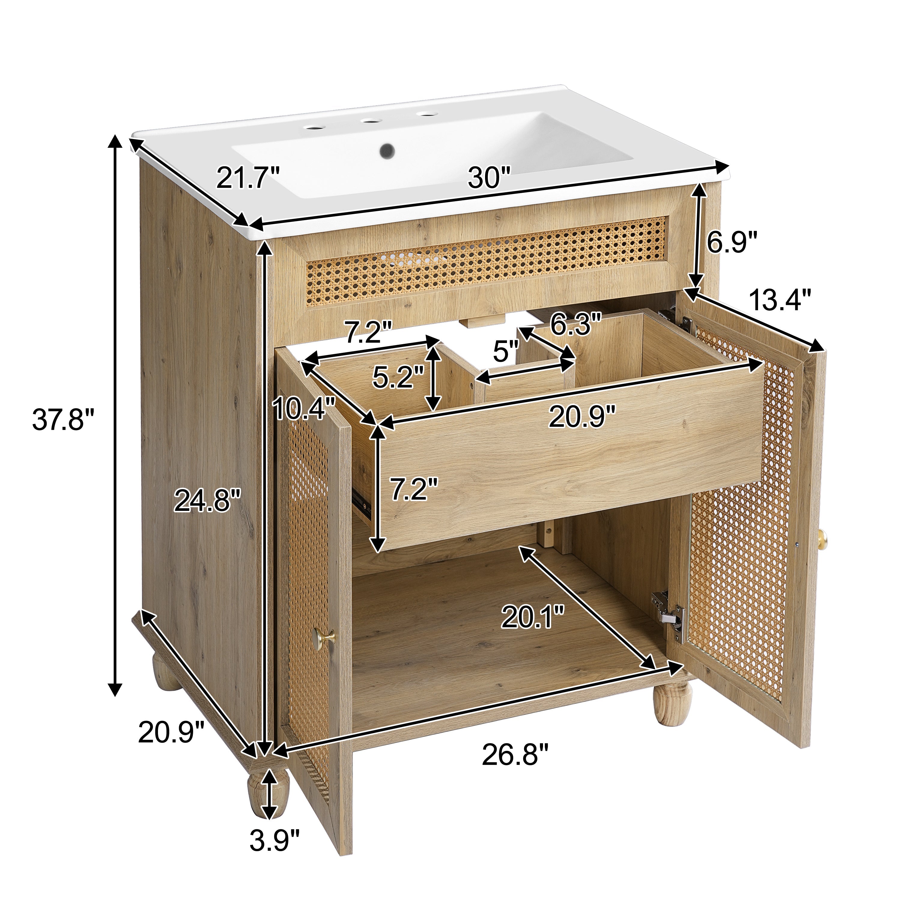 30-Inch Bathroom Vanity: Handwoven Rattan Doors, Solid Wood Legs & Resin Basin