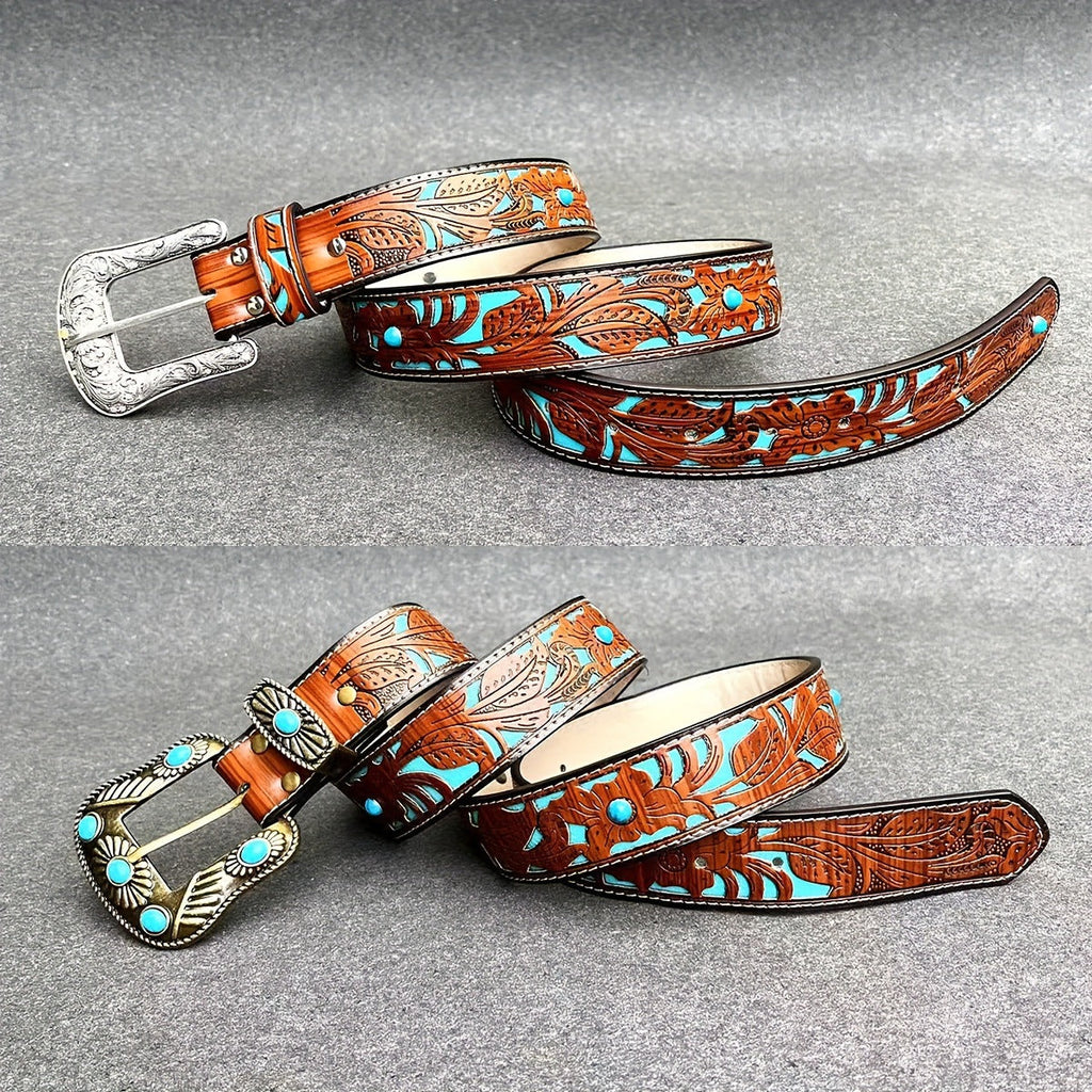 Versatile Spring, Summer, Autumn, And Winter New European And American Western Style Carved Belt, Can Be Paired With Jeans, Leather Belt, Turquoise