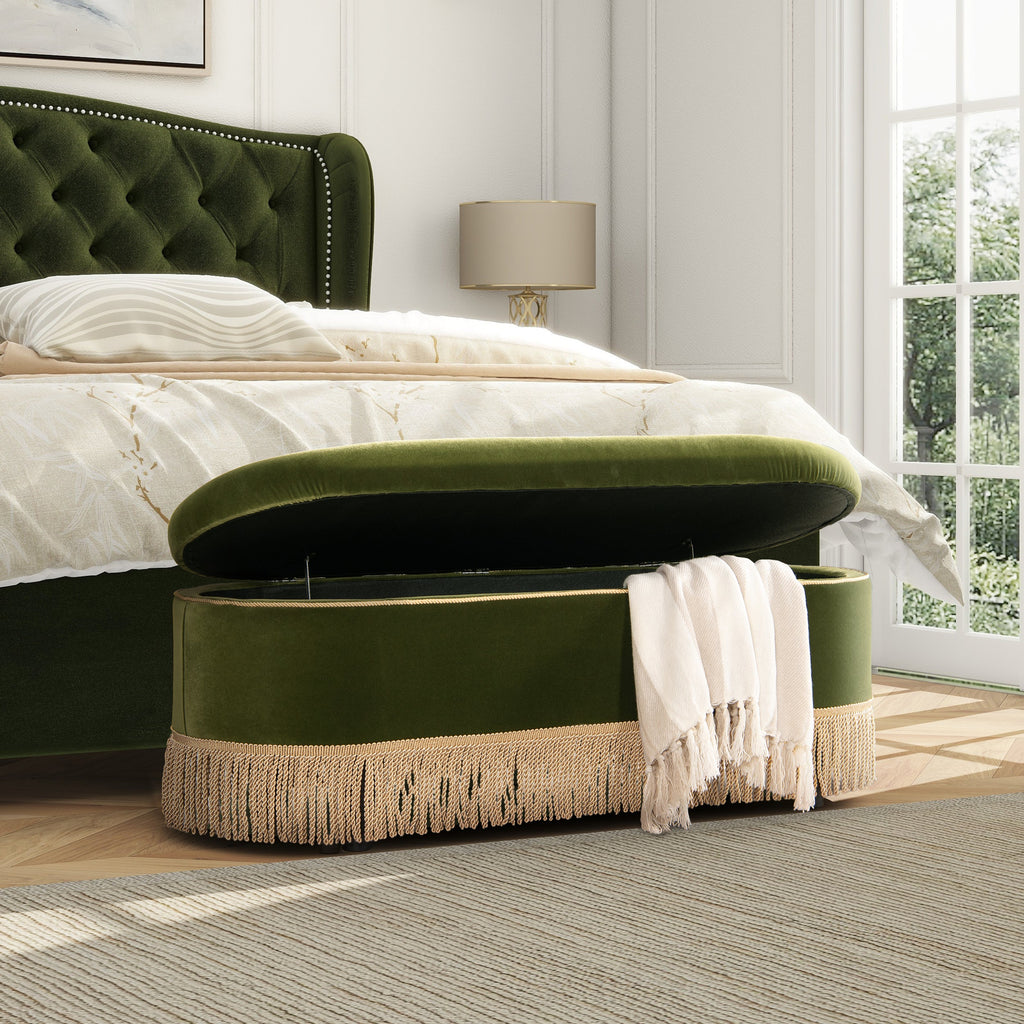 Melinda 48.5" Oval Tufted Bullion Fringe Storage Bench, Olive