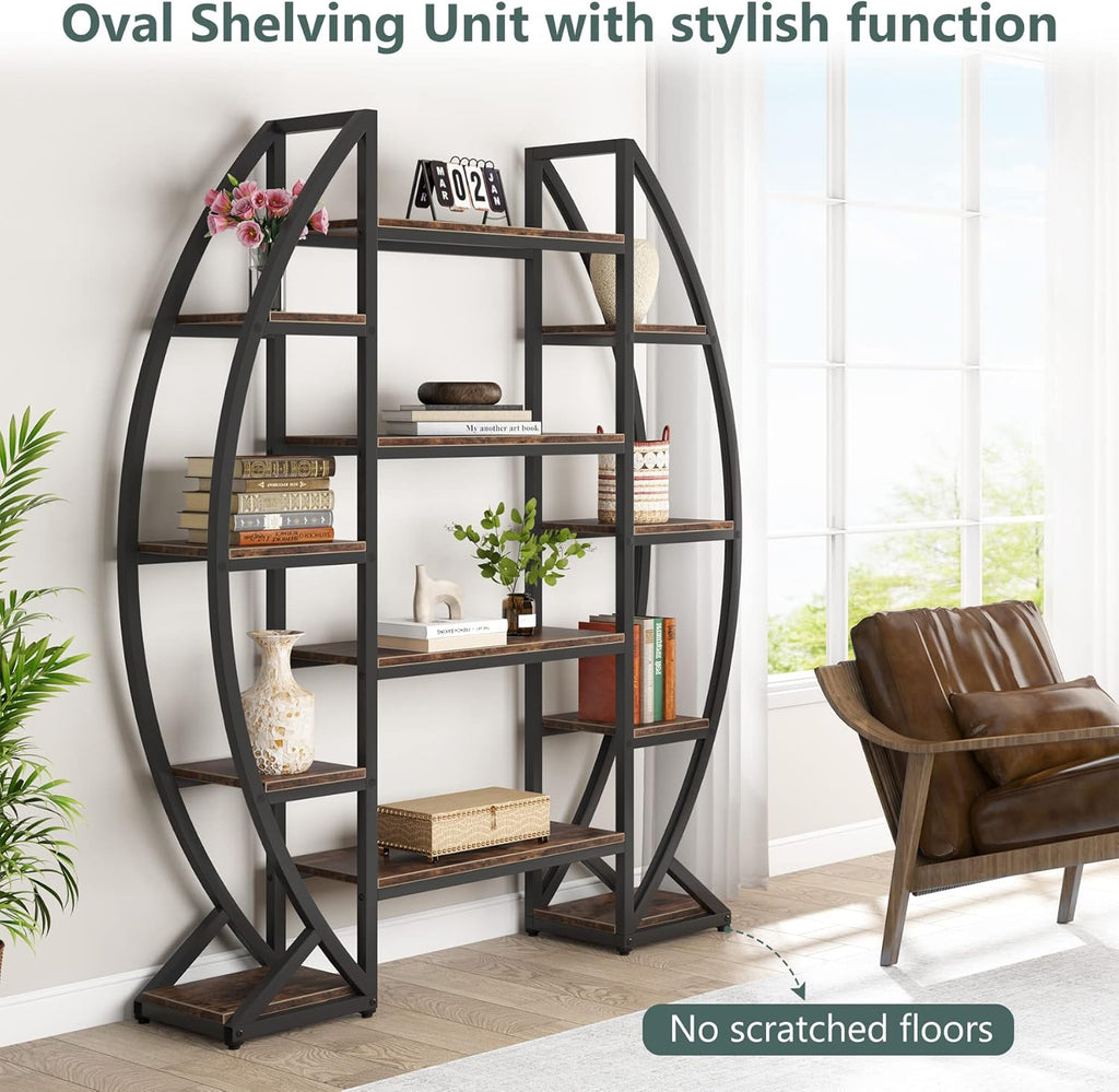 55" Triple Wide Oval Industrial Rustic Bookcase