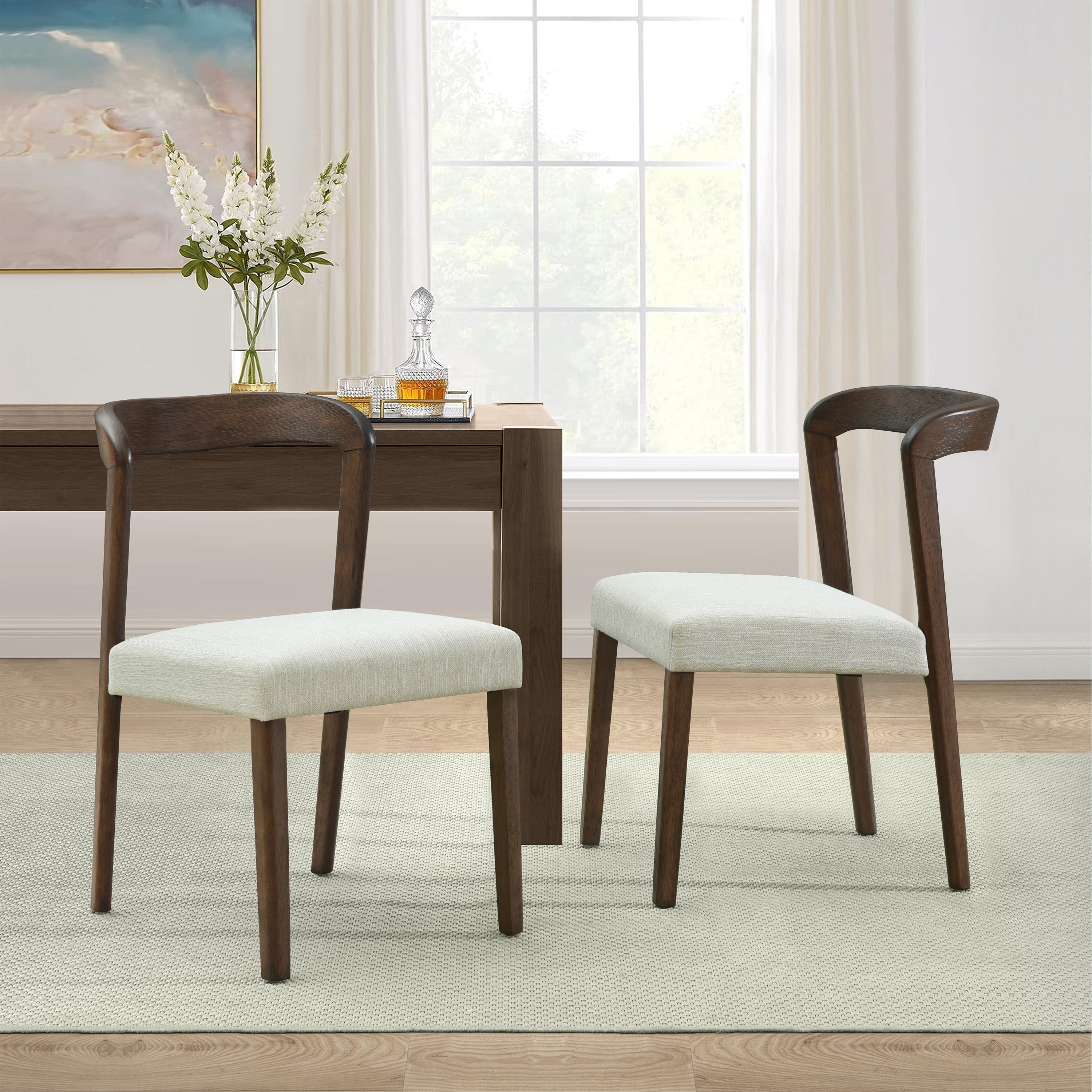 Solid Rubber Wood Dining Chairs (Walnut + Beige) - Set of 2
