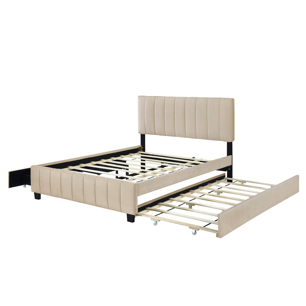Queen Size Velvet Upholstered Platform Bed with 2 Drawers and Trundle