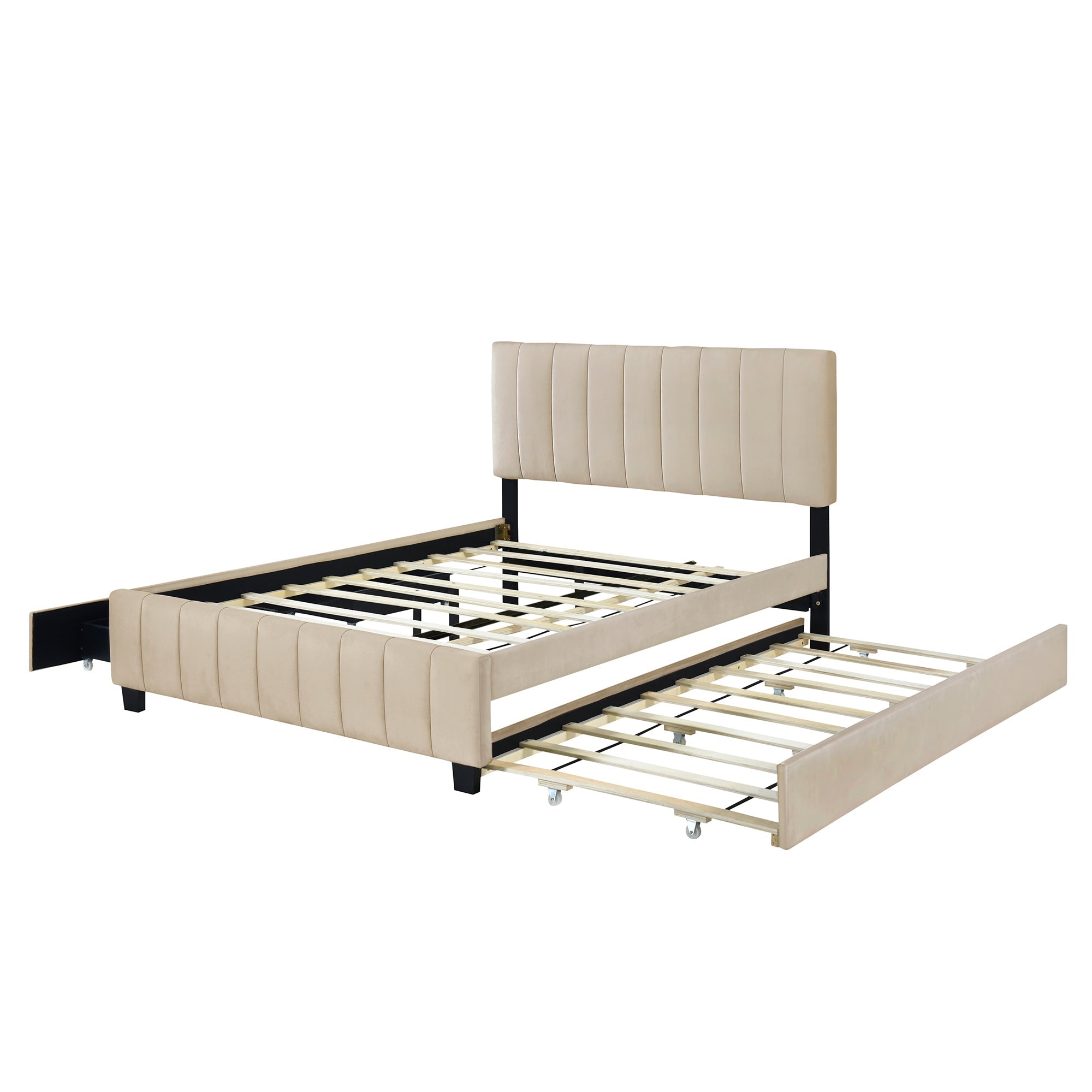 Queen Size Velvet Upholstered Platform Bed with 2 Drawers and Trundle