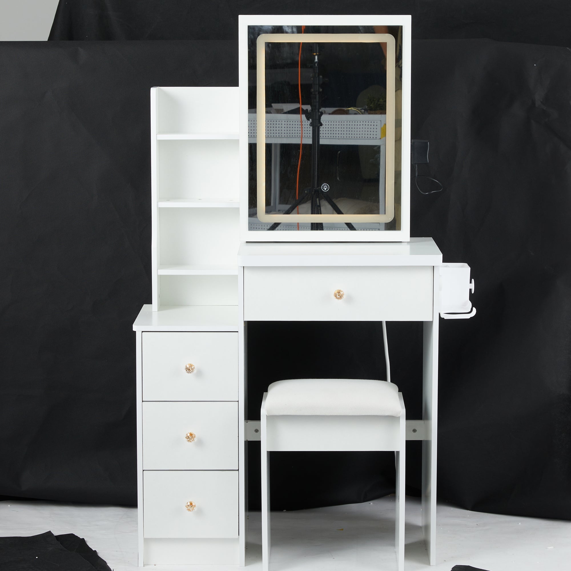 Small Size Left Bedside Cabinet Vanity Table + Cushioned Stool