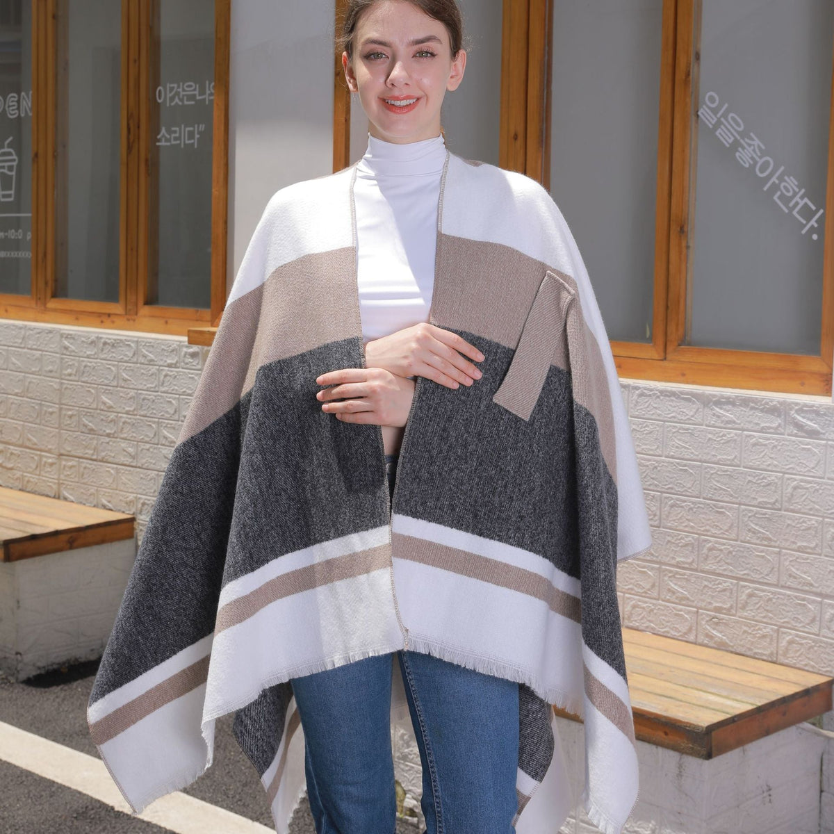 Womens Striped Tassel Cross-Strap Warm Cape Shawl