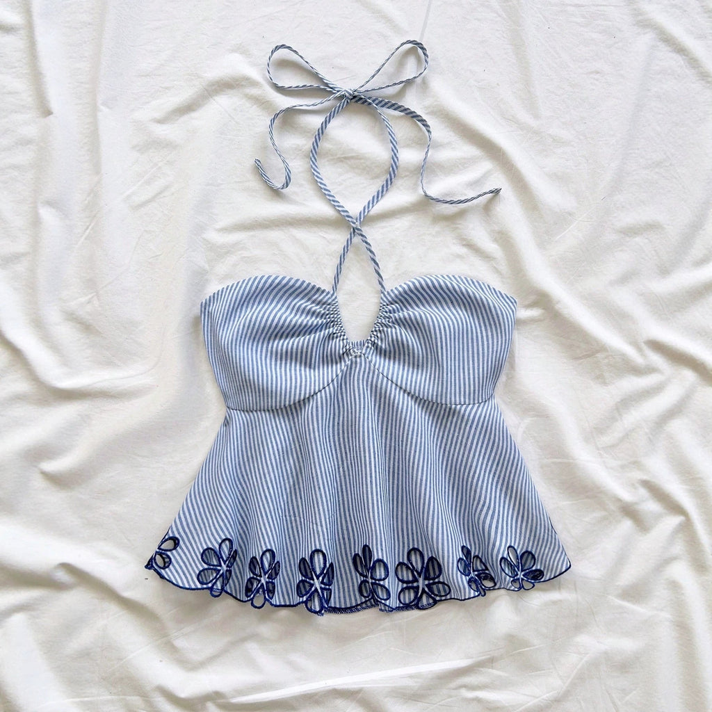 One-shoulder Strap Backless Striped Tie-top