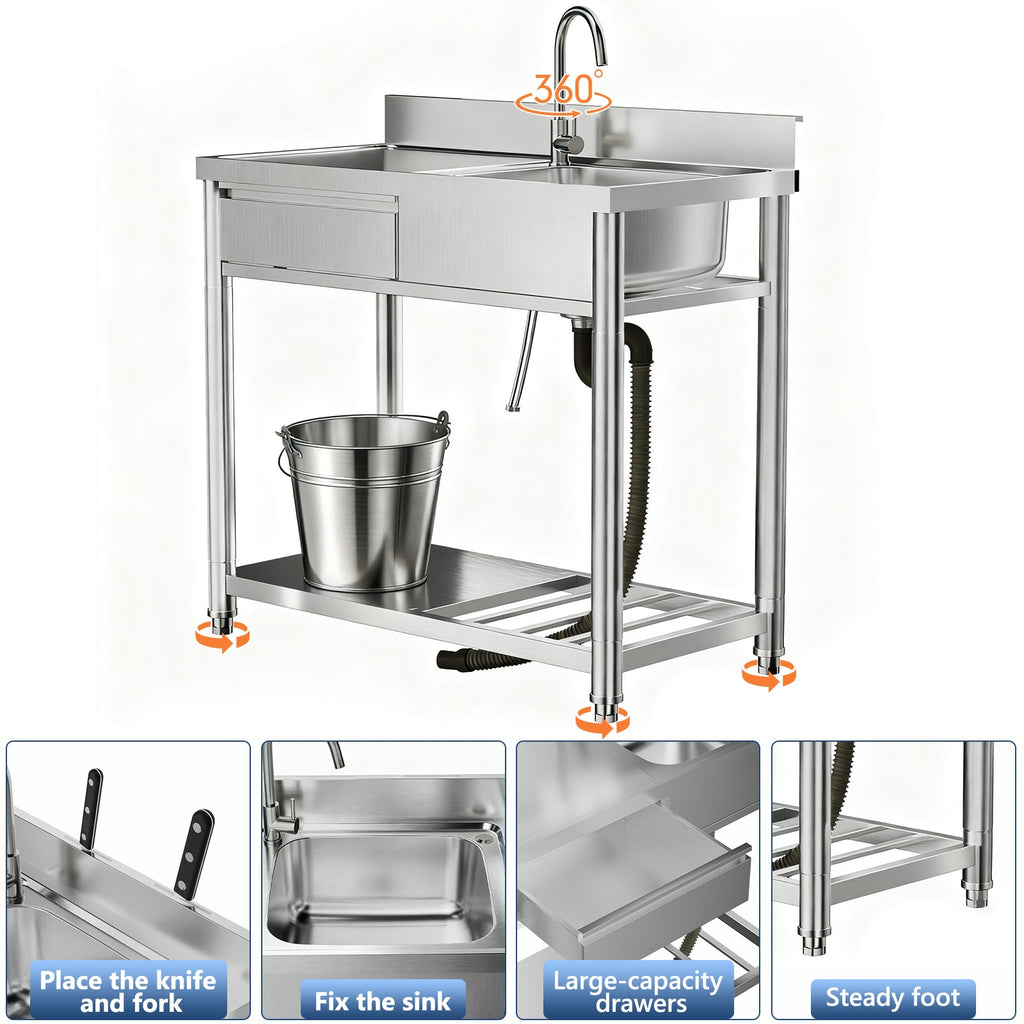 304 Stainless Steel Outdoor Utility Sink With Workbench & Storage Shelf