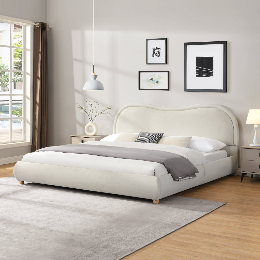 King Size Upholstered Platform Bed Frame with Rounded Corners