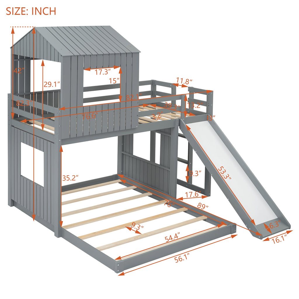 Wooden Twin Over Full Bunk Bed, Loft Bed with Playhouse