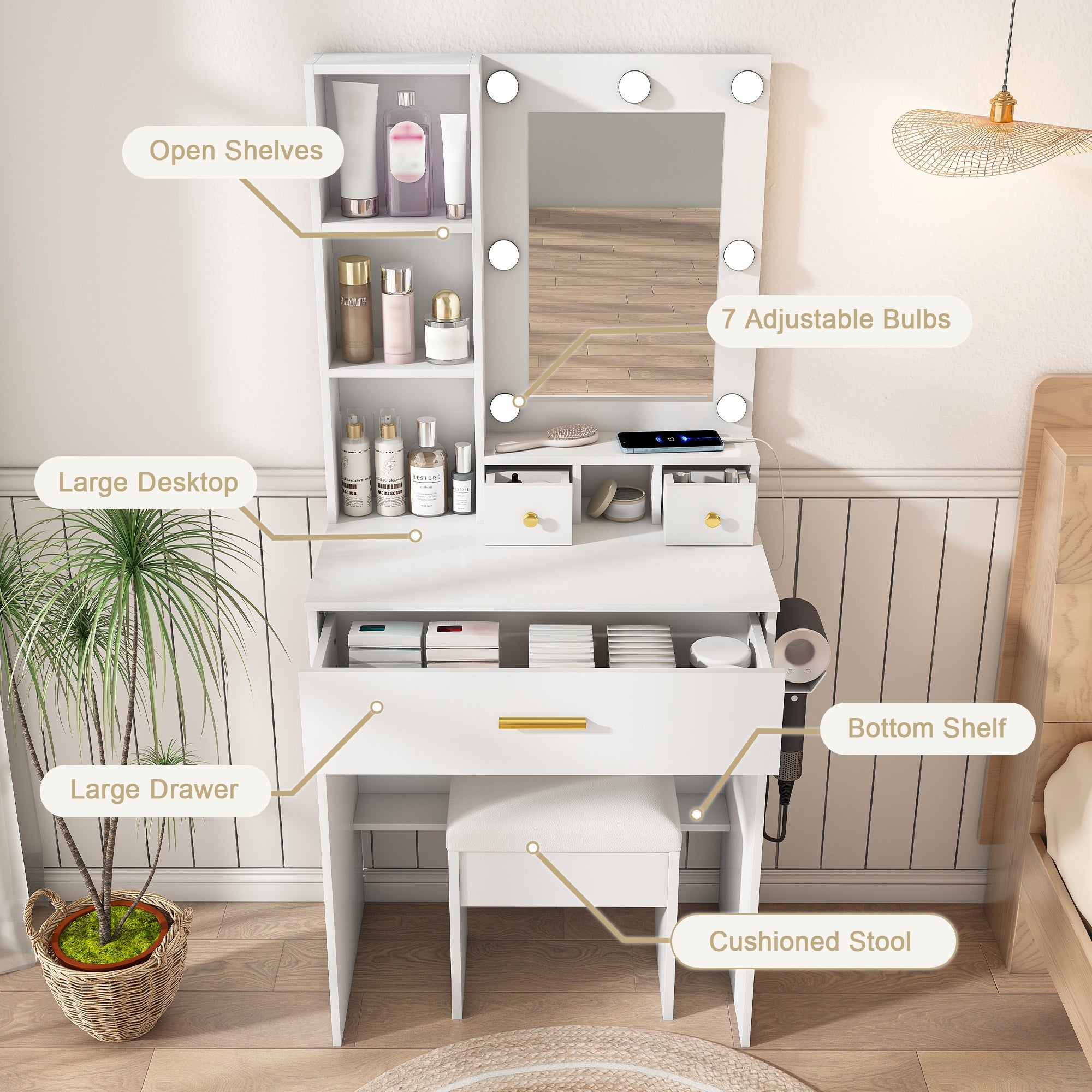 Vanity Table with Mirror & Adjustable LED Lights