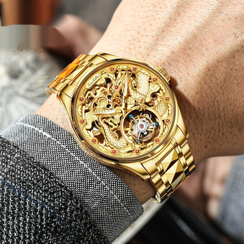 Mens Water-Resistant Mechanical Watch With Hollowed-Out Design And Steel Strap