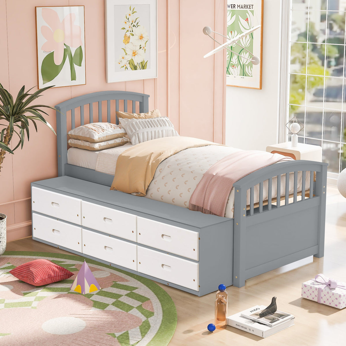 Twin Size Platform Storage Bed with 6 Drawers, Grey